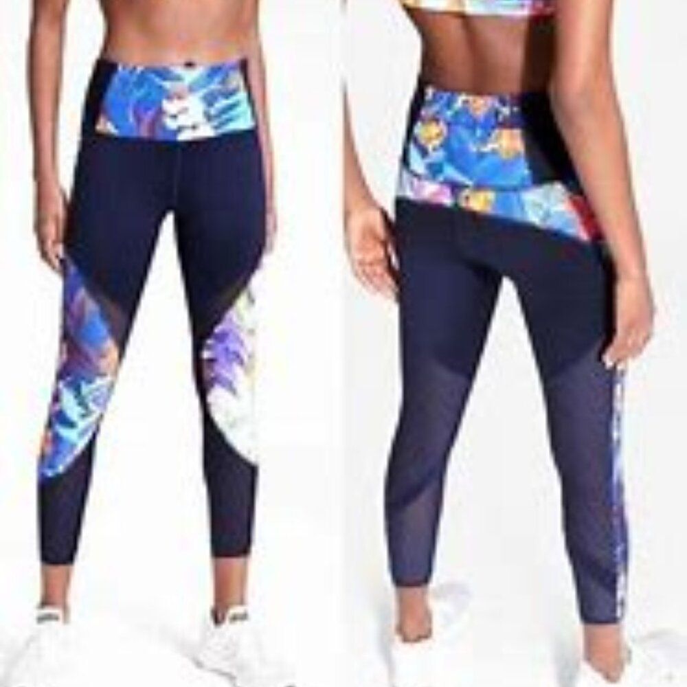 Athleta Tropical Precision High Waisted Floral Print Mesh Panels 7/8 Leggins M